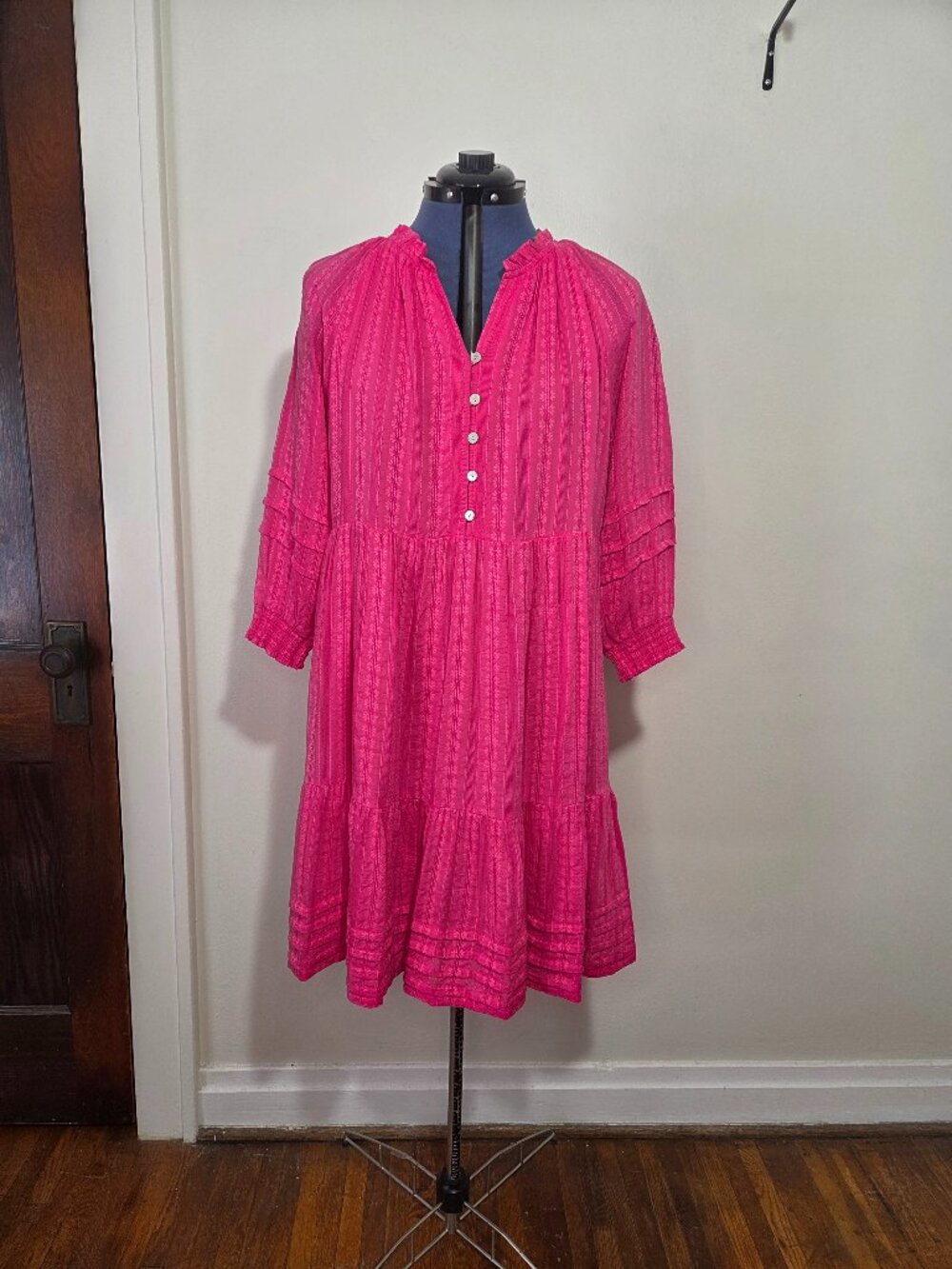 J Jill Pink Textured Cotton Blend Lined Long Sleeve Babydoll Dress